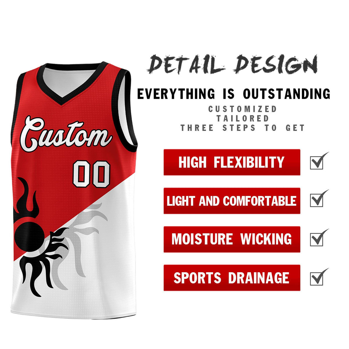 Custom Youth Basketball Jerseys - Red White Sunburst Design Two Tone Uniforms