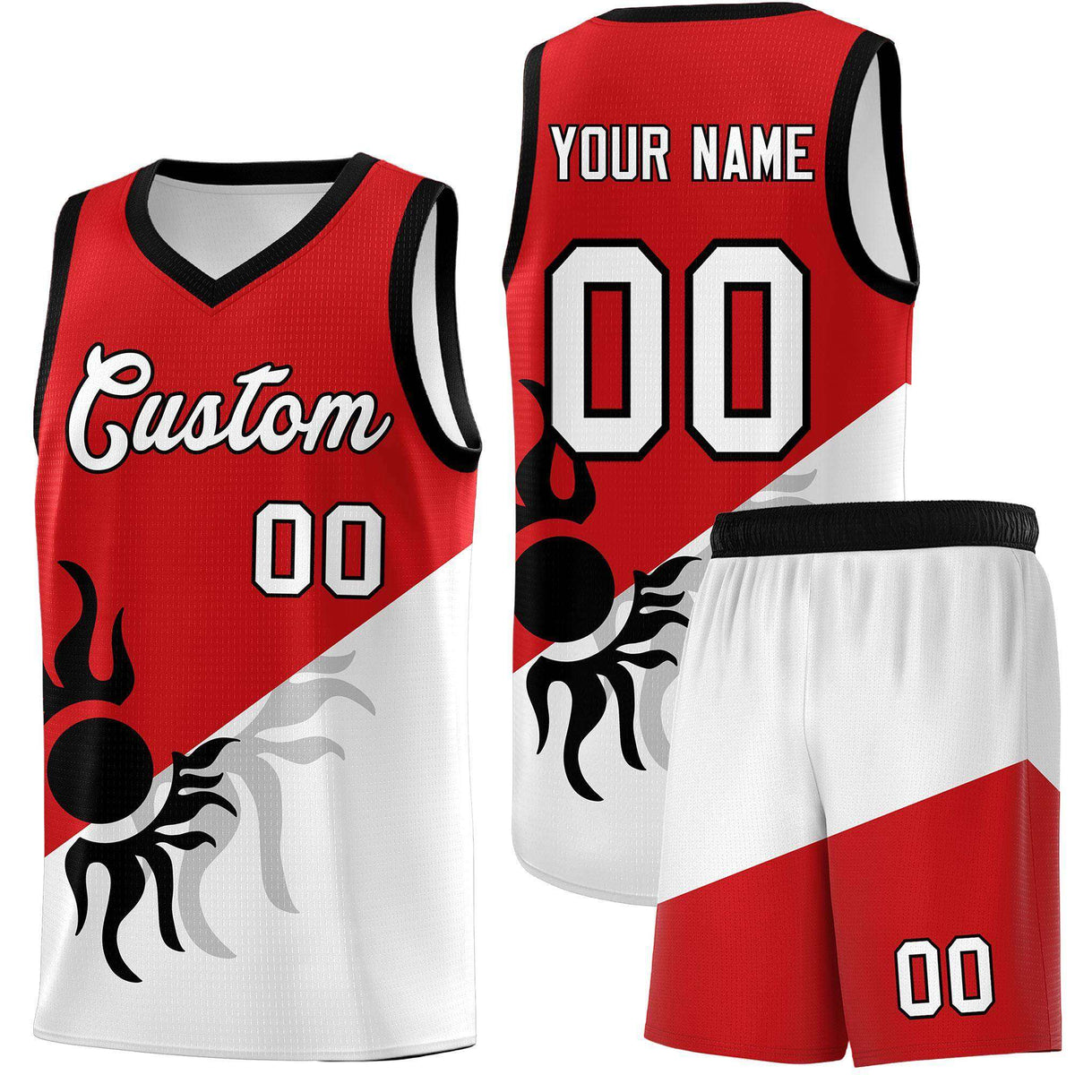 Custom Youth Basketball Jerseys - Red White Sunburst Design Two Tone Uniforms