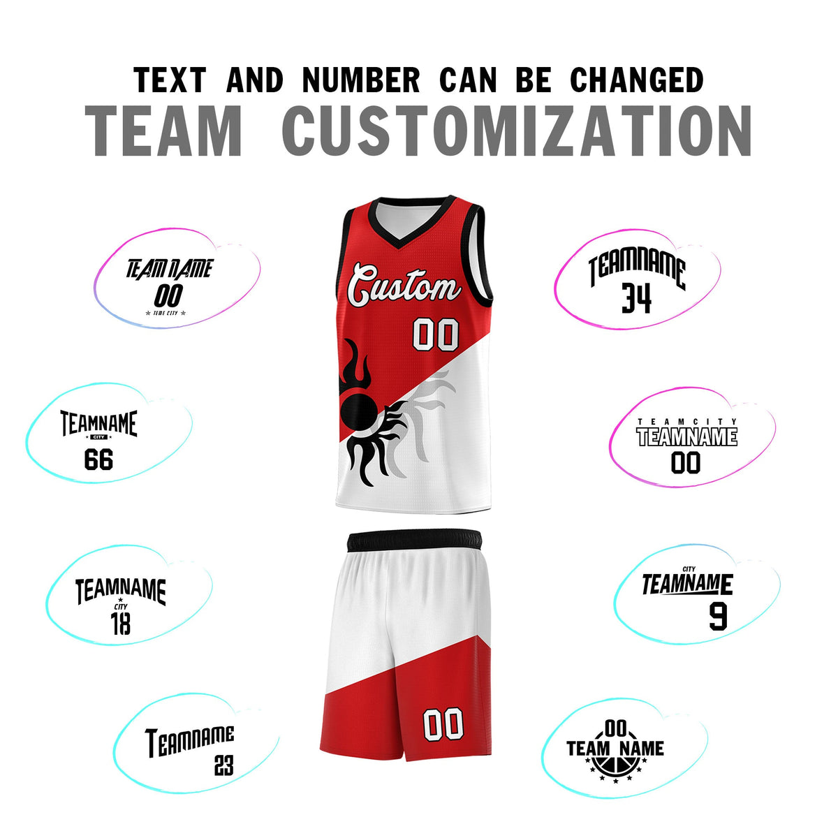 Custom Youth Basketball Jerseys - Red White Sunburst Design Two Tone Uniforms