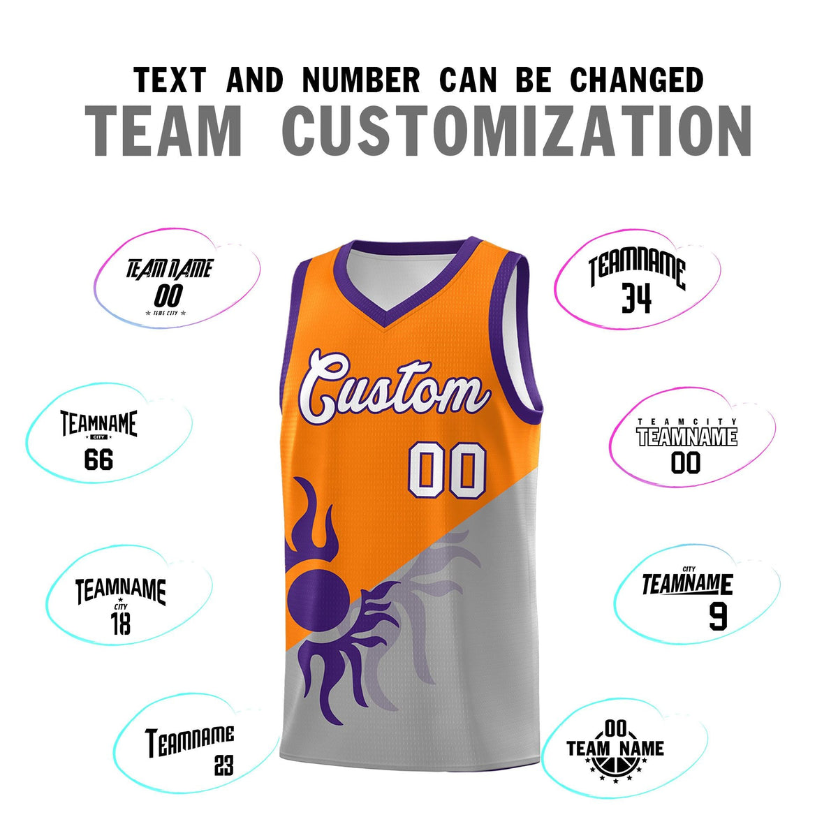 Custom Youth Basketball Jerseys - Orange Gray Sunburst Design Two Tone Uniforms