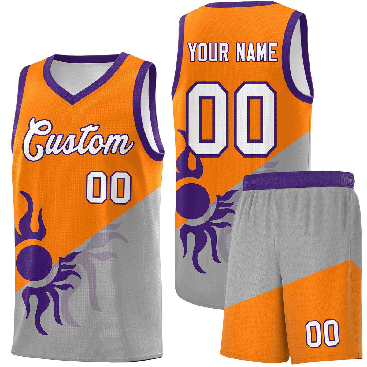Custom Youth Basketball Jerseys - Orange Gray Sunburst Design Two Tone Uniforms