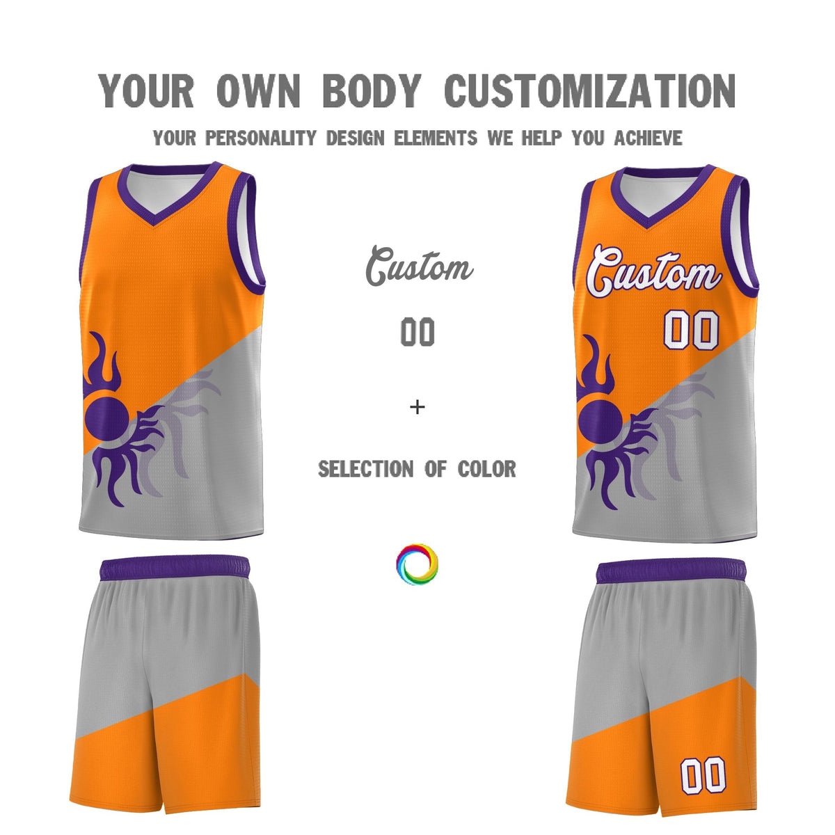 Custom Youth Basketball Jerseys - Orange Gray Sunburst Design Two Tone Uniforms