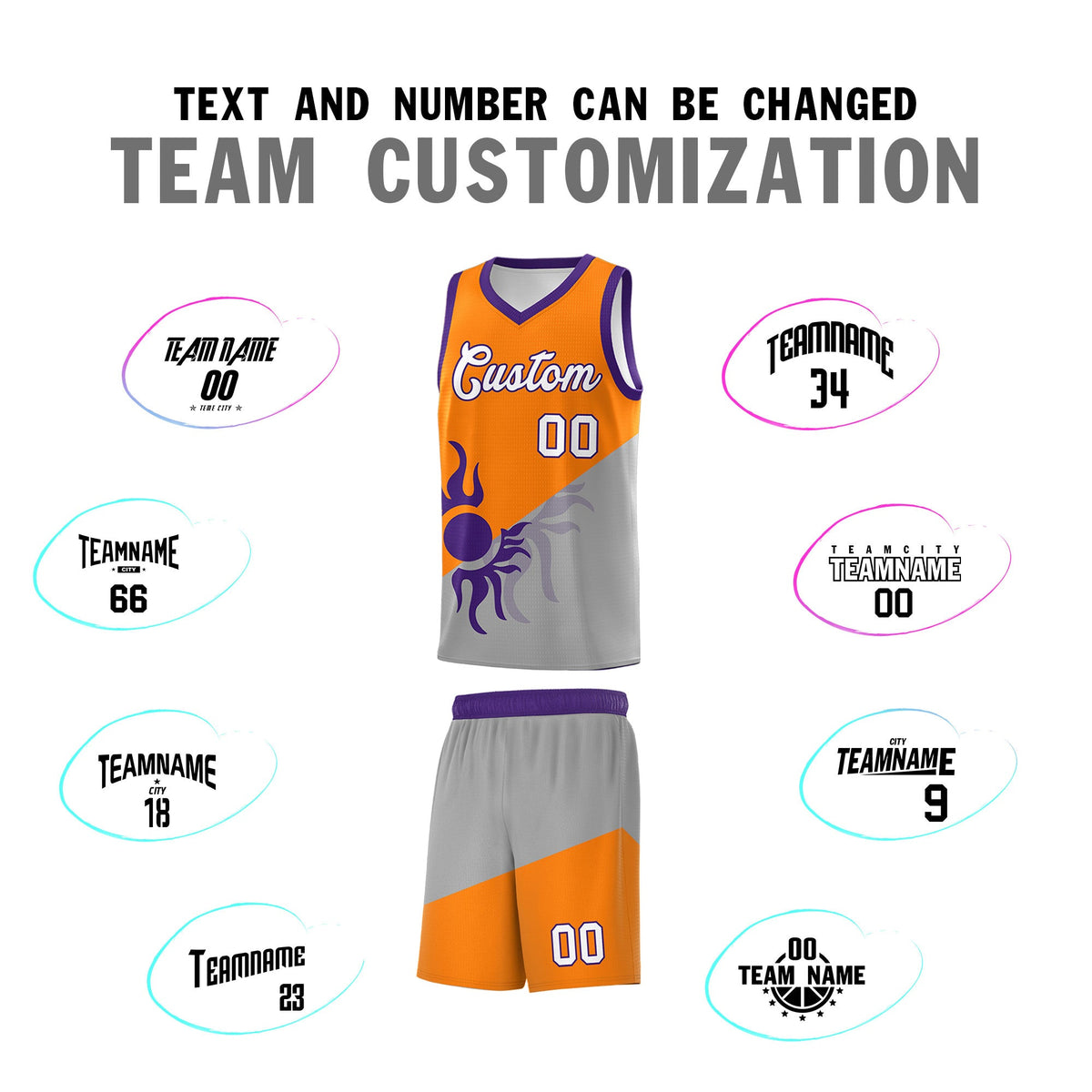 Custom Youth Basketball Jerseys - Orange Gray Sunburst Design Two Tone Uniforms