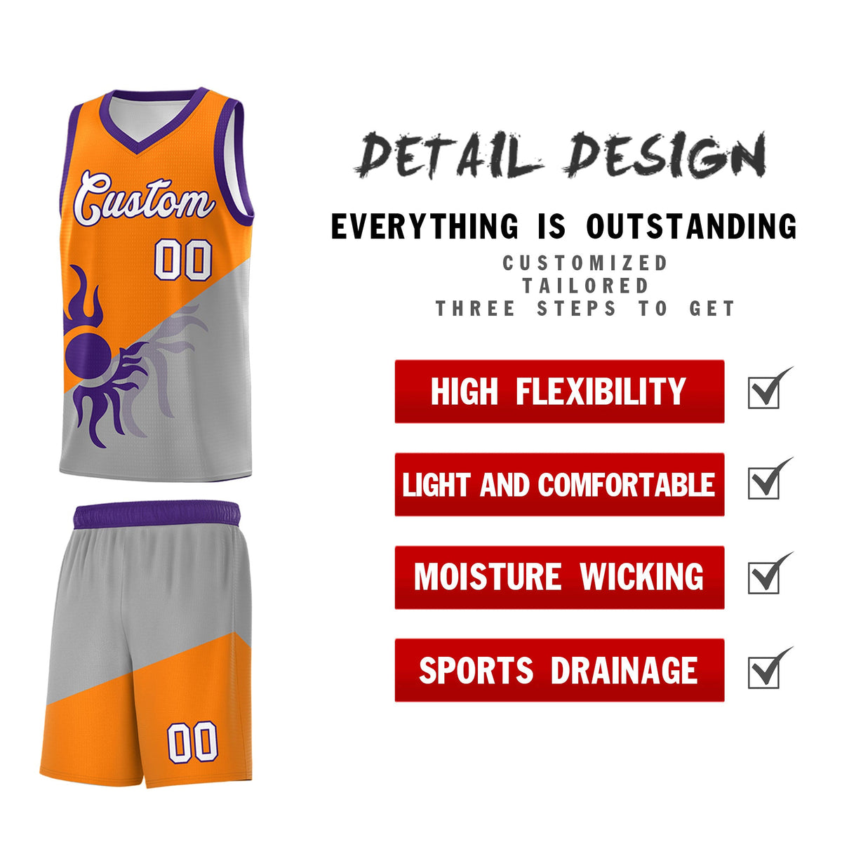 Custom Youth Basketball Jerseys - Orange Gray Sunburst Design Two Tone Uniforms