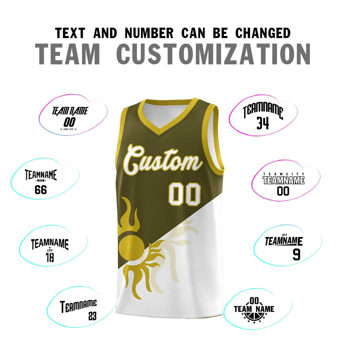 Custom Youth Basketball Jerseys - Olive White Sunburst Design Two Tone Uniforms