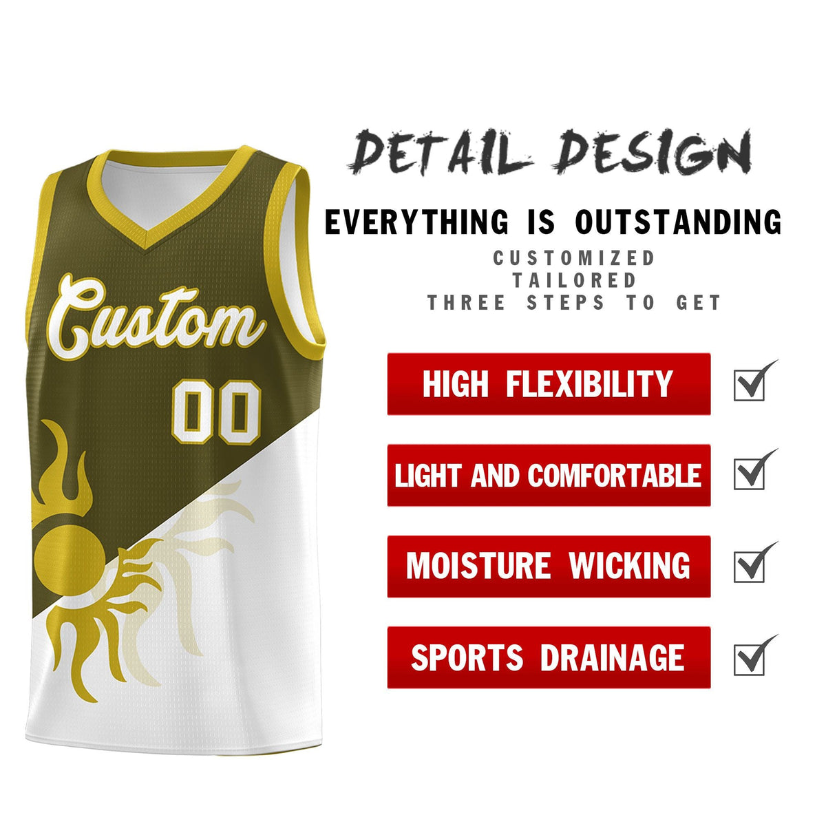 Custom Youth Basketball Jerseys - Olive White Sunburst Design Two Tone Uniforms