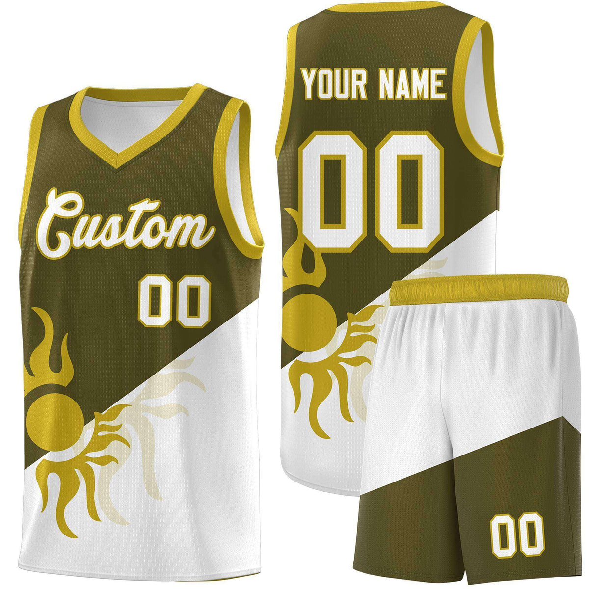 Custom Youth Basketball Jerseys - Olive White Sunburst Design Two Tone Uniforms