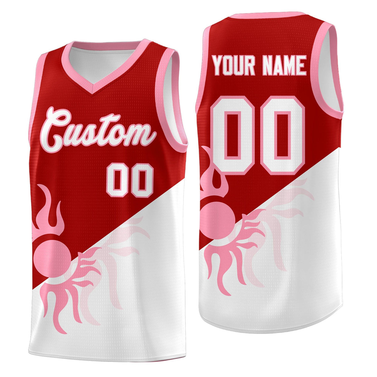 Custom Youth Basketball Jerseys - Red White Sunburst Design Two Tone Uniforms