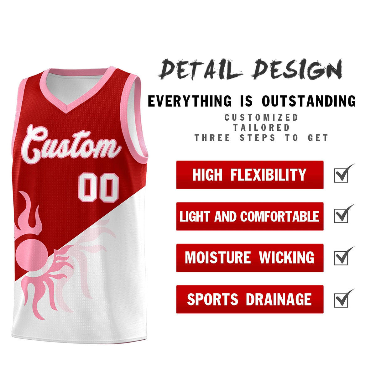 Custom Youth Basketball Jerseys - Red White Sunburst Design Two Tone Uniforms