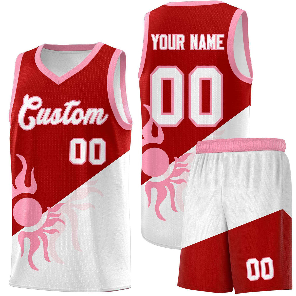 Custom Youth Basketball Jerseys - Red White Sunburst Design Two Tone Uniforms
