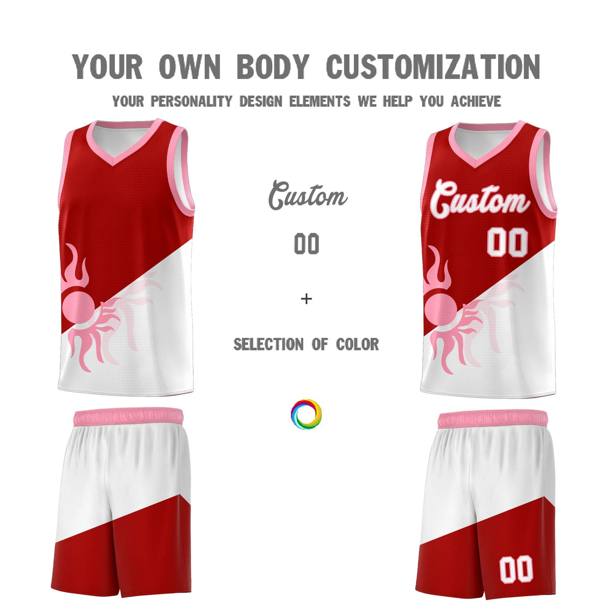 Custom Youth Basketball Jerseys - Red White Sunburst Design Two Tone Uniforms
