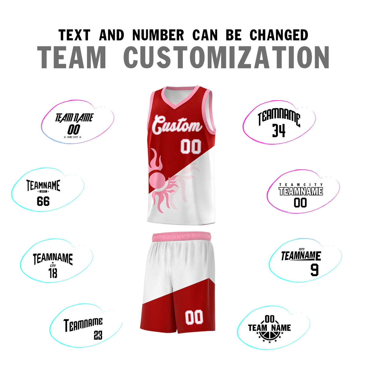 Custom Youth Basketball Jerseys - Red White Sunburst Design Two Tone Uniforms