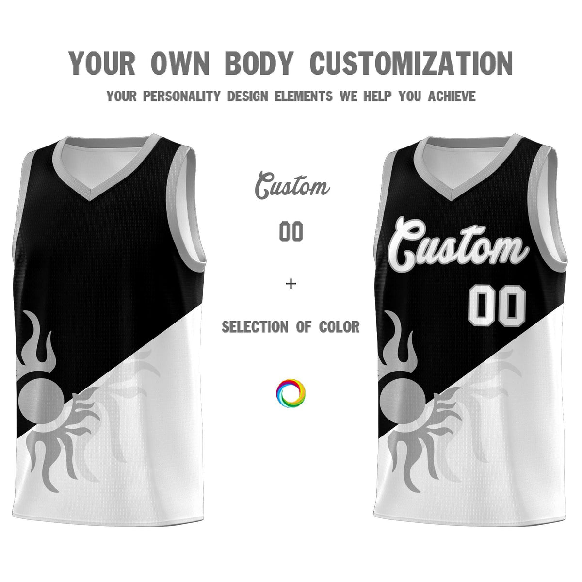 Custom Youth Basketball Jerseys - Black White Radiant Sun Design Two Tone Uniforms