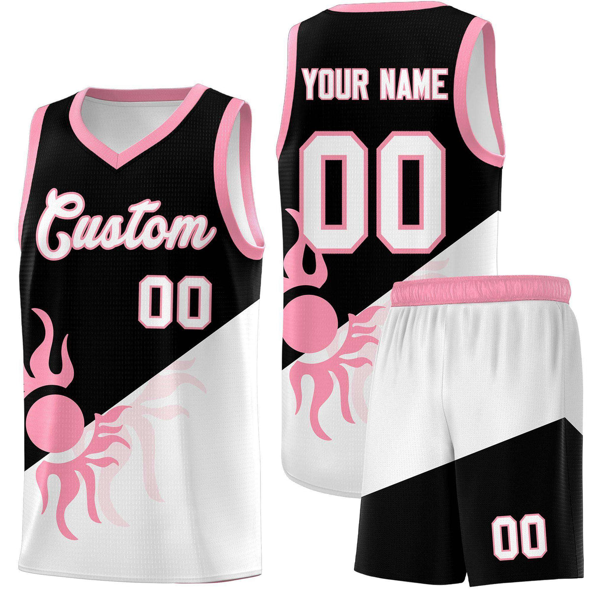 Custom Youth Basketball Jerseys - Black White Sunburst Design Two Tone Uniforms