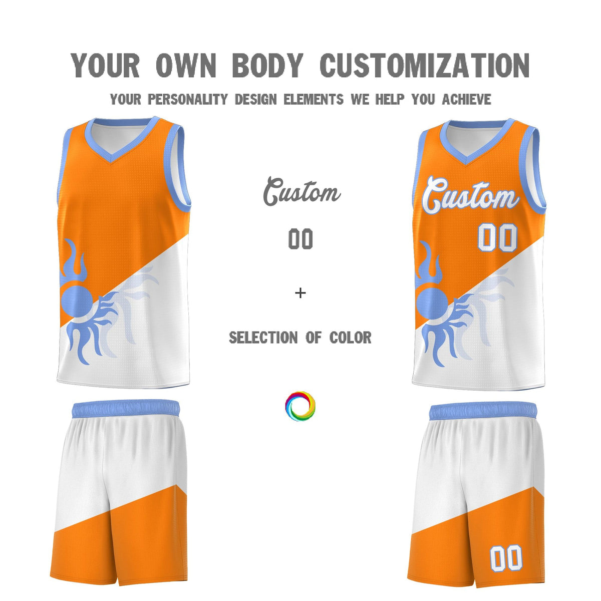 Custom Youth Basketball Jerseys - Orange White Radiant Sun Design Two Tone Uniforms
