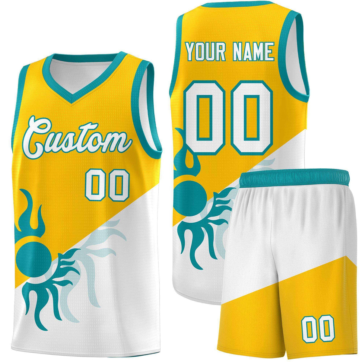 Custom Youth Basketball Jerseys - Yellow White Sunburst Design Two Tone Uniforms