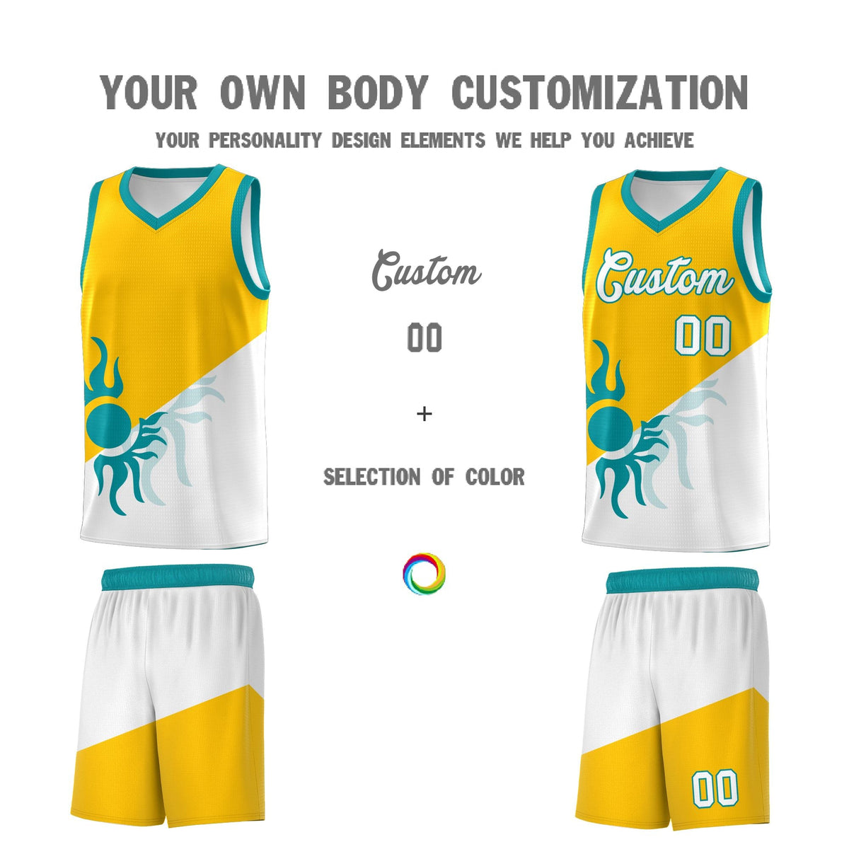 Custom Youth Basketball Jerseys - Yellow White Sunburst Design Two Tone Uniforms