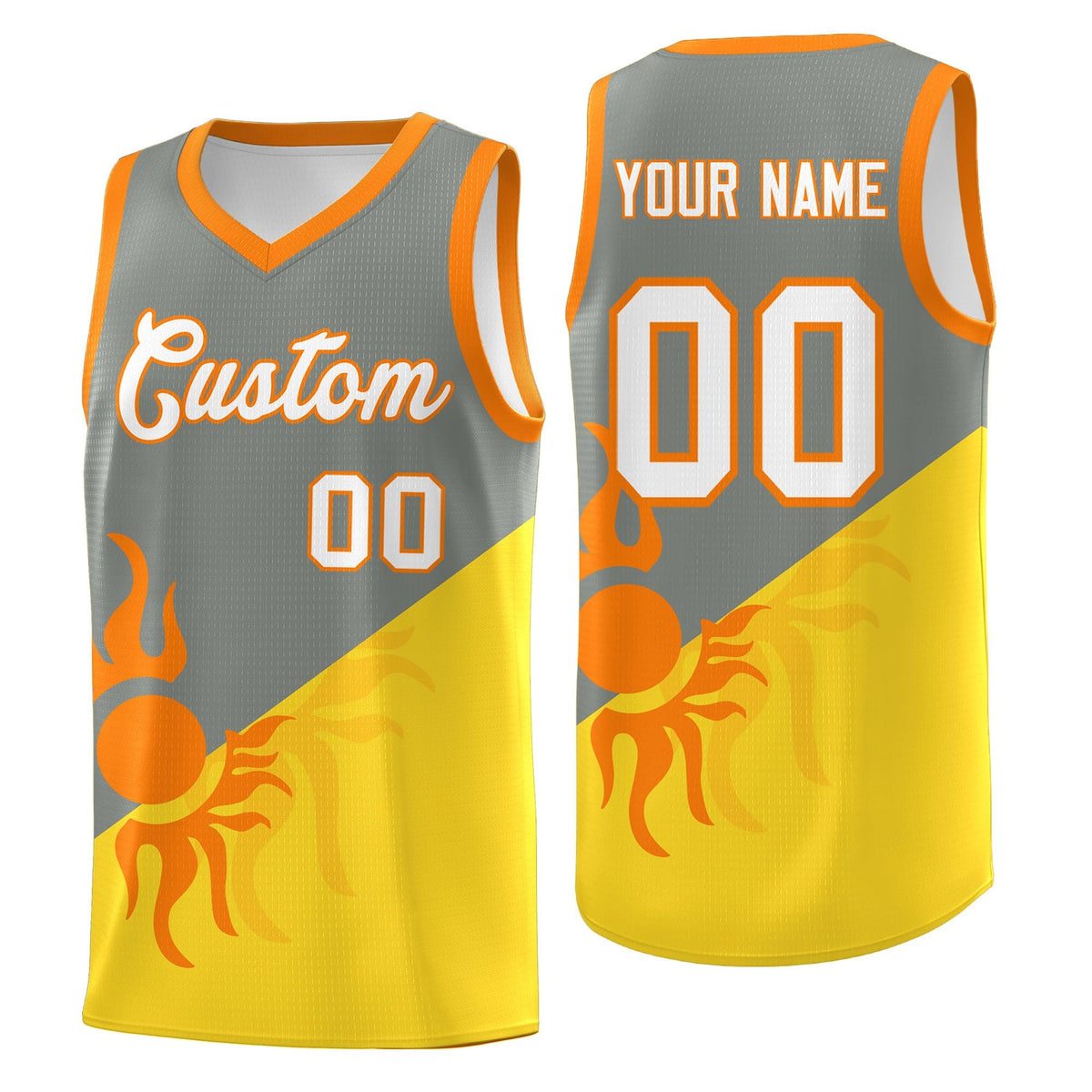 Custom Youth Basketball Jerseys - Gray Gold Radiant Sun Design Two Tone Uniforms