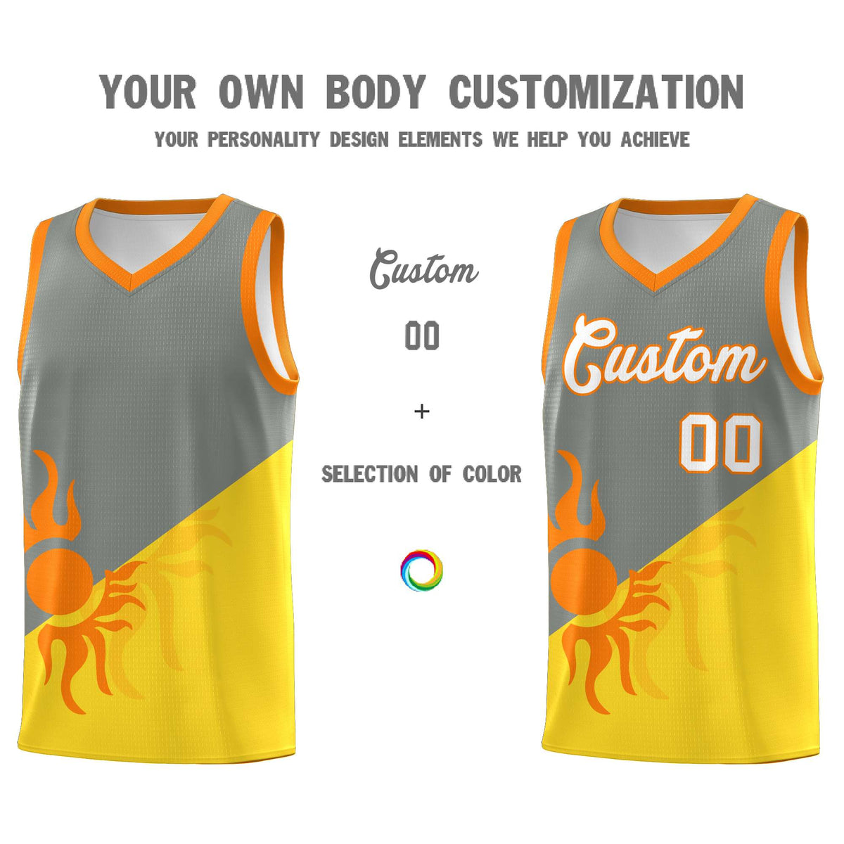 Custom Youth Basketball Jerseys - Gray Gold Radiant Sun Design Two Tone Uniforms