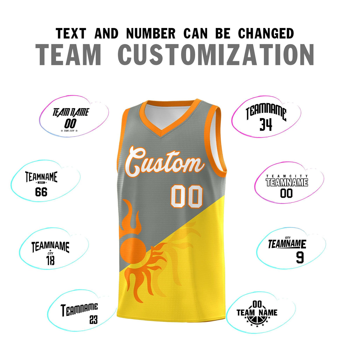 Custom Youth Basketball Jerseys - Gray Gold Radiant Sun Design Two Tone Uniforms