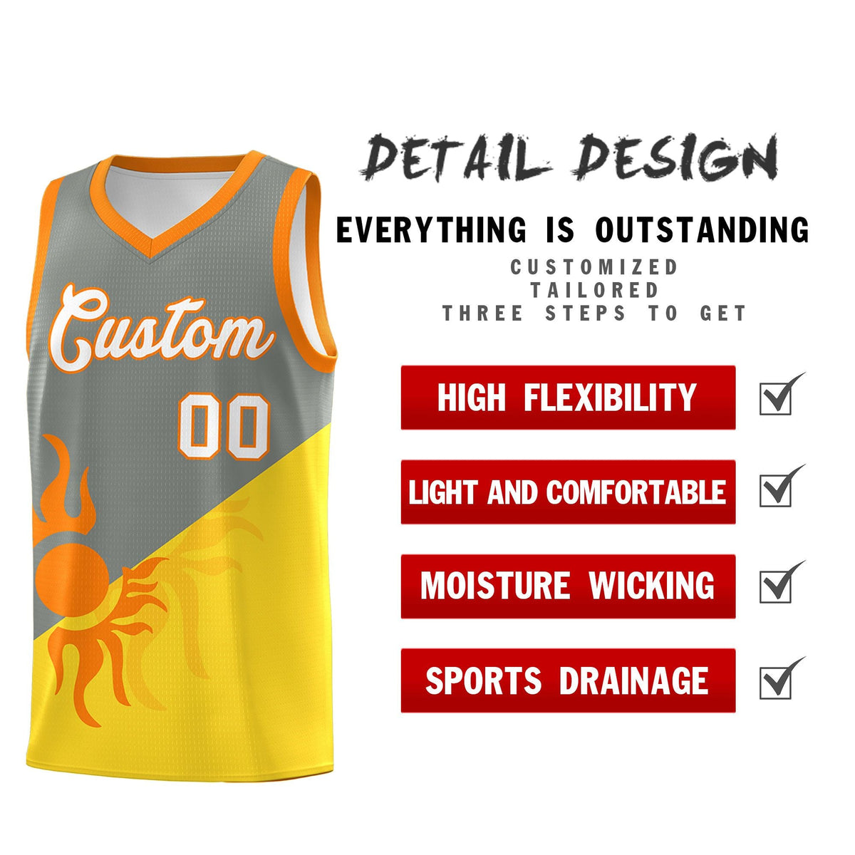 Custom Youth Basketball Jerseys - Gray Gold Radiant Sun Design Two Tone Uniforms