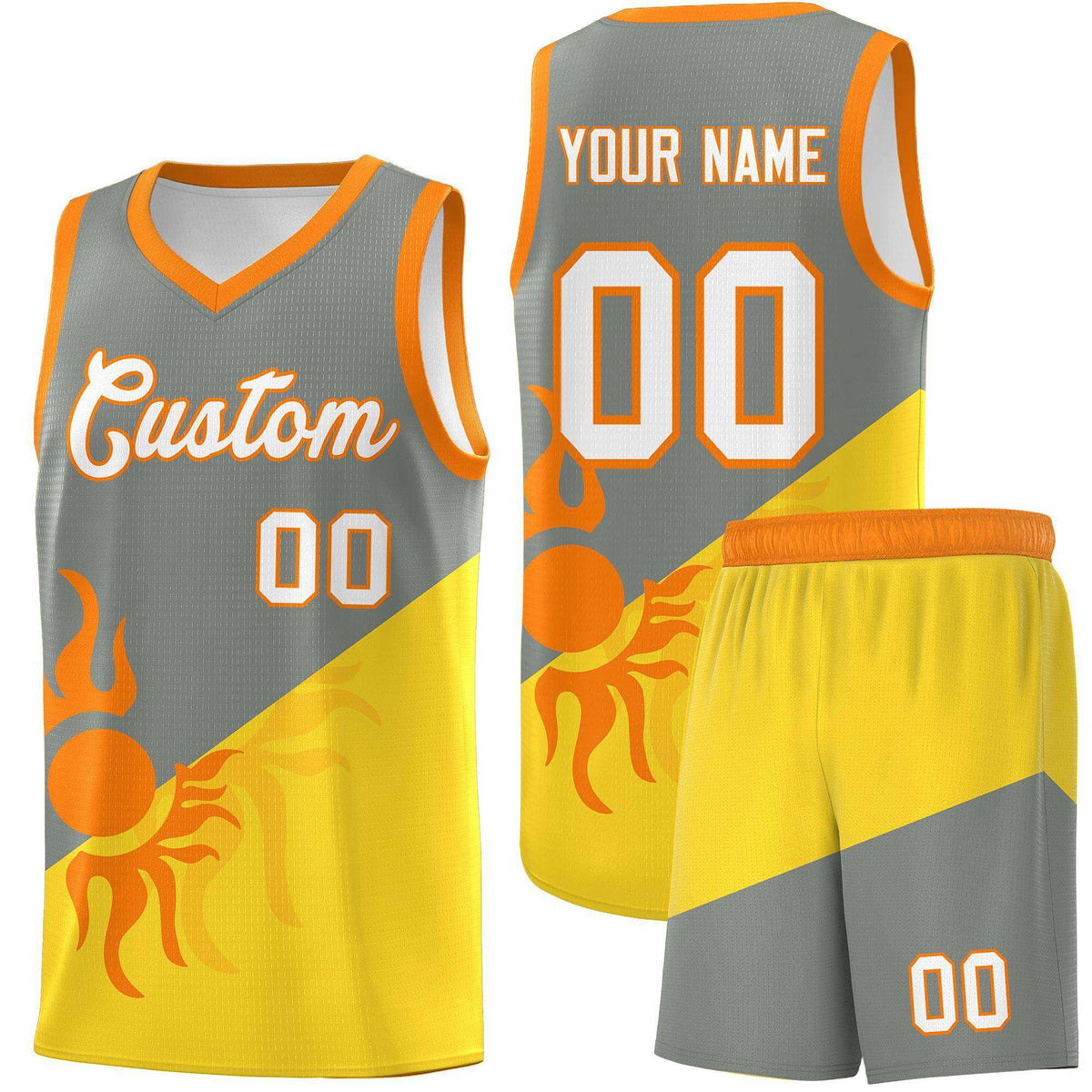 Custom Youth Basketball Jerseys - Gray Gold Radiant Sun Design Two Tone Uniforms