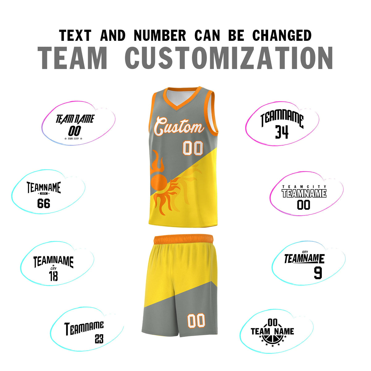 Custom Youth Basketball Jerseys - Gray Gold Radiant Sun Design Two Tone Uniforms