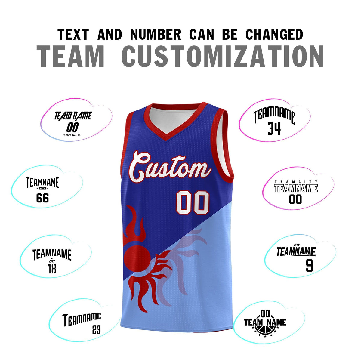 Custom Youth Basketball Jerseys - Royal Light Blue Sunburst Design Two Tone Uniforms