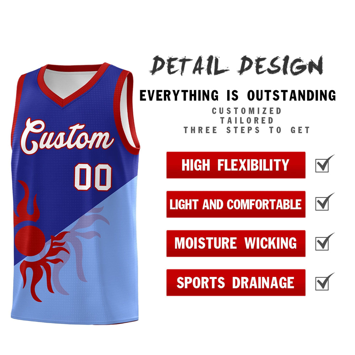 Custom Youth Basketball Jerseys - Royal Light Blue Sunburst Design Two Tone Uniforms