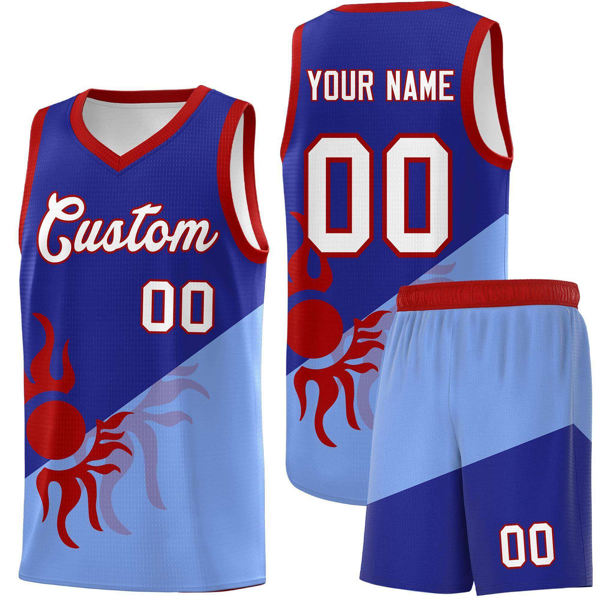 Custom Youth Basketball Jerseys - Royal Light Blue Sunburst Design Two Tone Uniforms