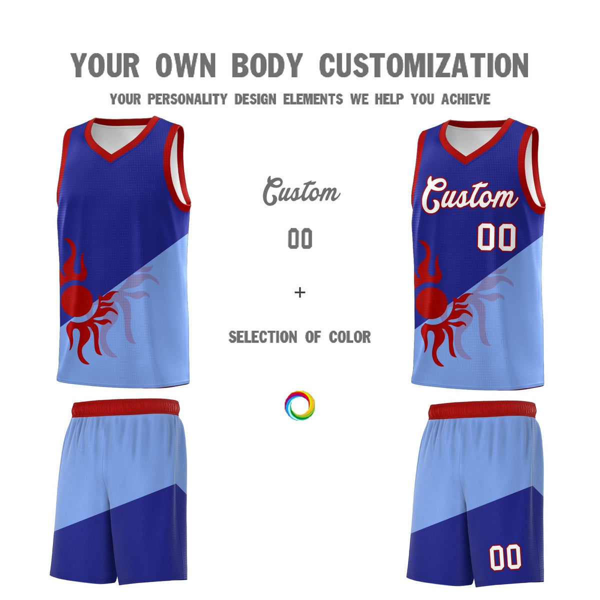 Custom Youth Basketball Jerseys - Royal Light Blue Sunburst Design Two Tone Uniforms