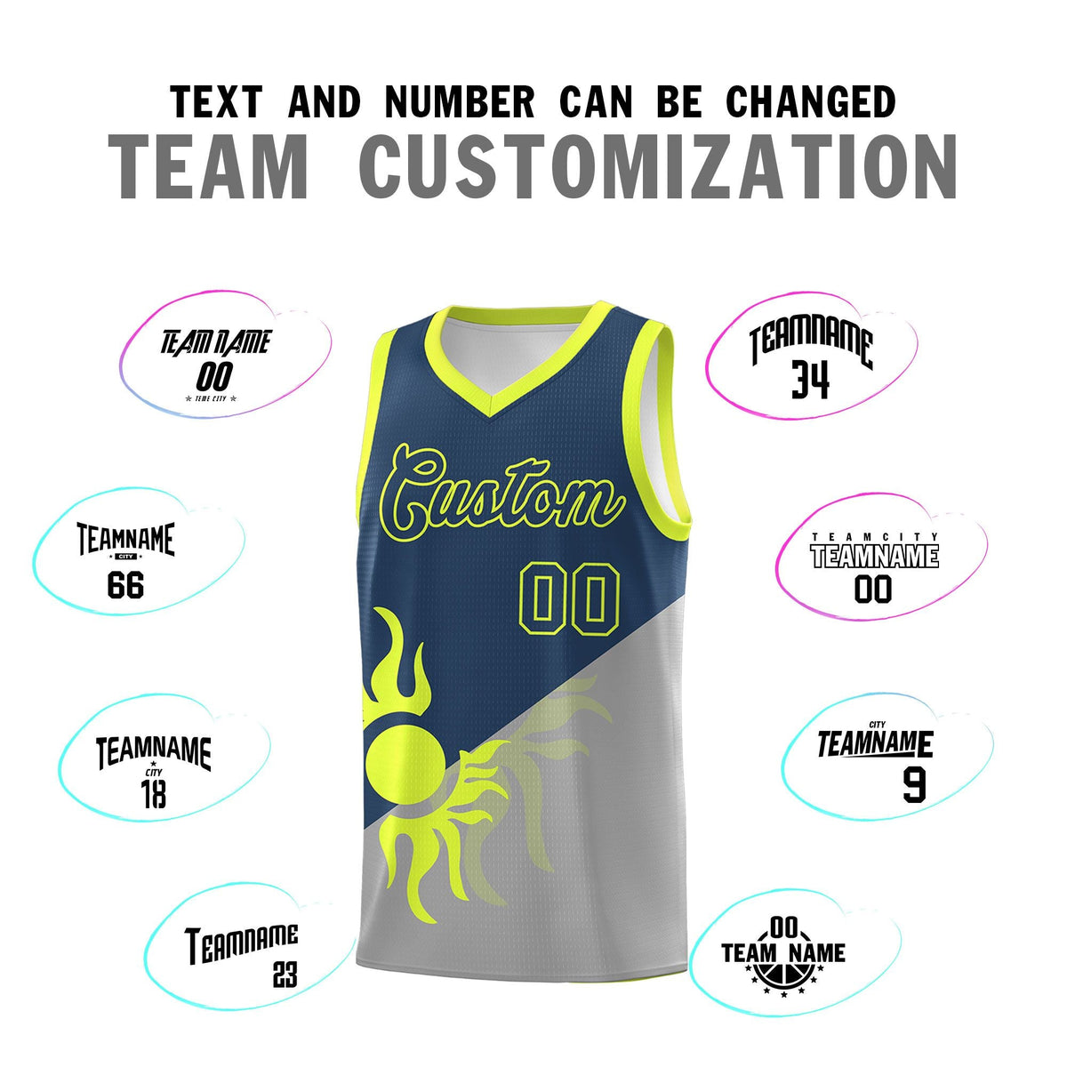 Custom Youth Basketball Jerseys - Gray Midnight Blue Radiant Sun Design Two Tone Uniforms