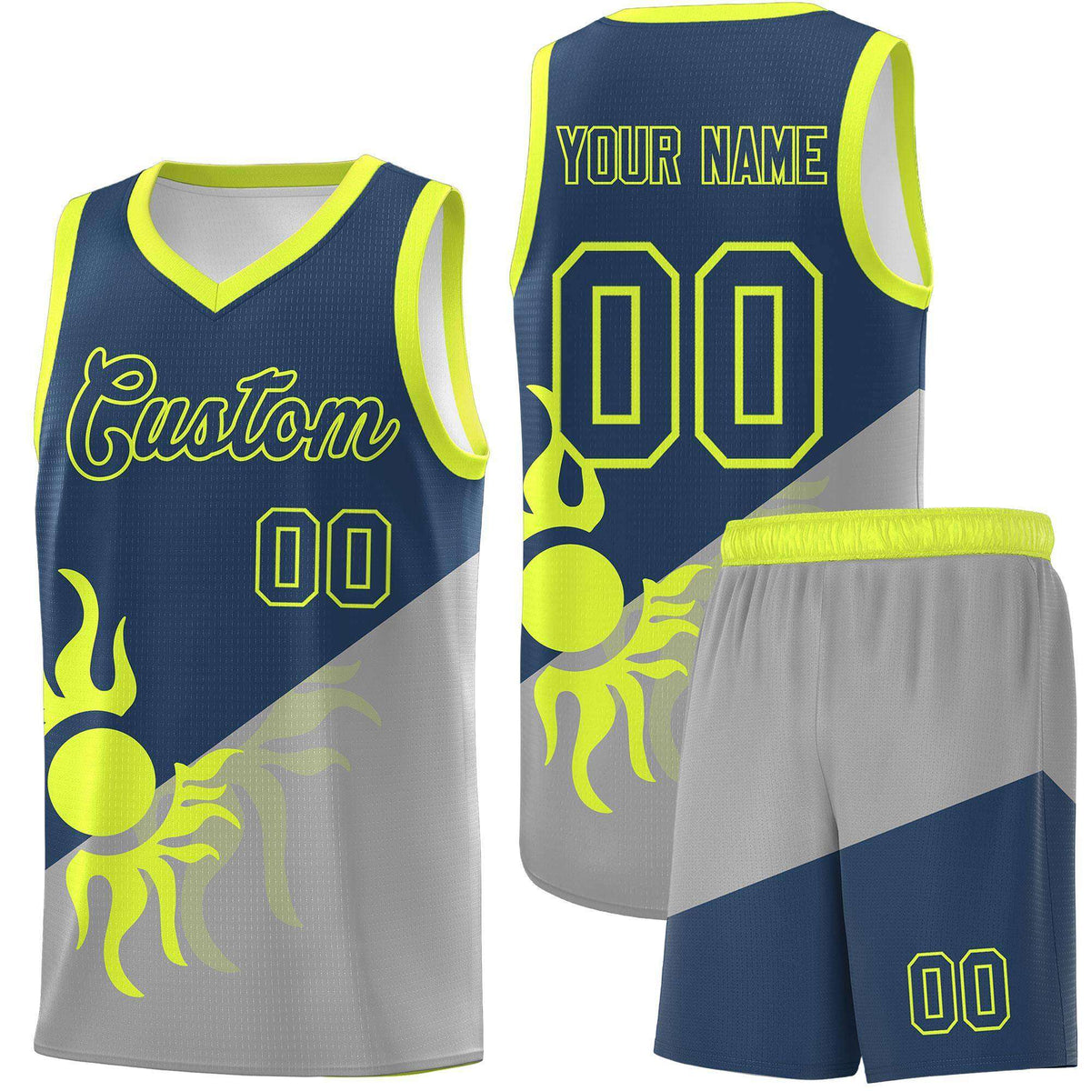 Custom Youth Basketball Jerseys - Gray Midnight Blue Radiant Sun Design Two Tone Uniforms