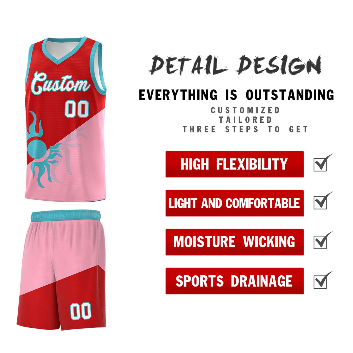 Custom Youth Basketball Jerseys - Red Light Pink Sunburst Design Two Tone Uniforms