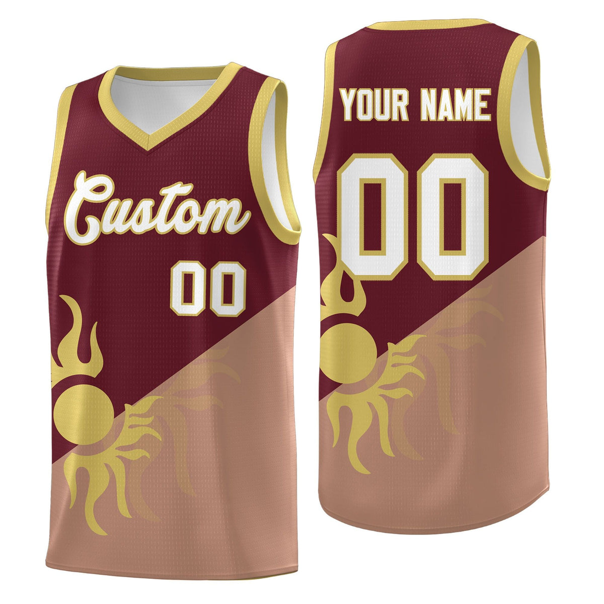 Custom Youth Basketball Jerseys - Maroon Coffee Radiant Sun Design Two Tone Uniforms