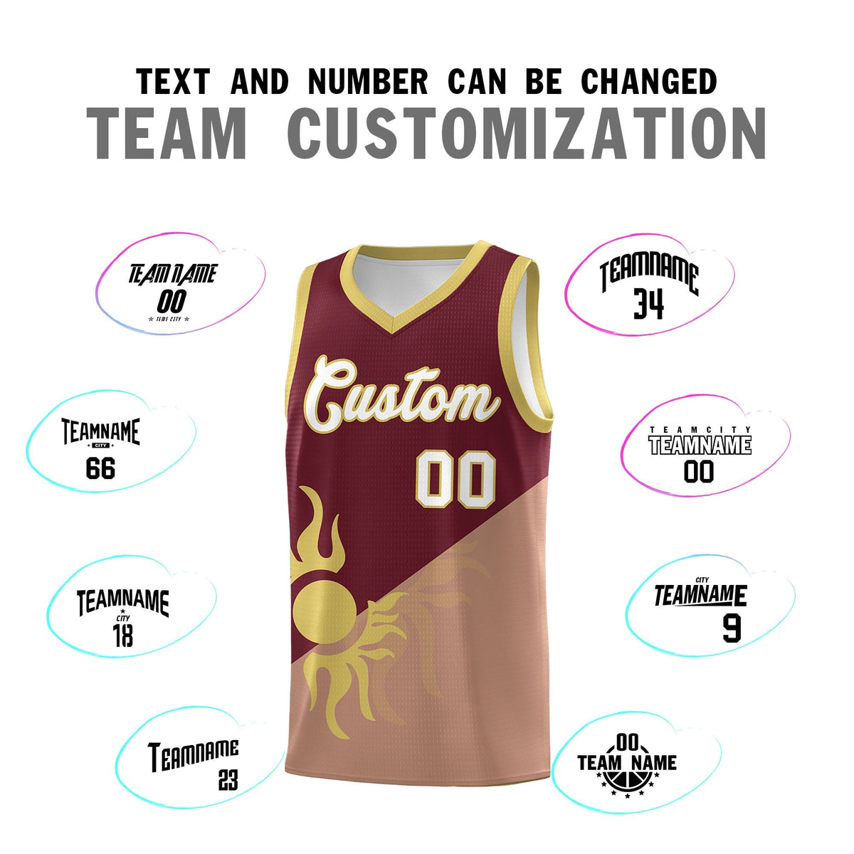 Custom Youth Basketball Jerseys - Maroon Coffee Radiant Sun Design Two Tone Uniforms