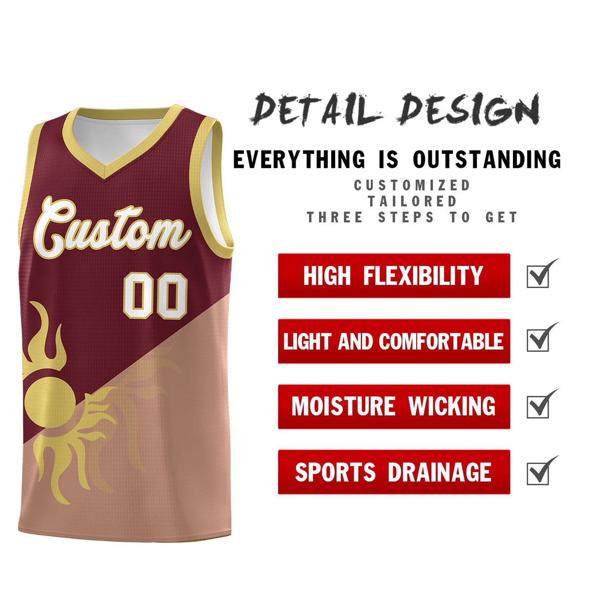 Custom Youth Basketball Jerseys - Maroon Coffee Radiant Sun Design Two Tone Uniforms