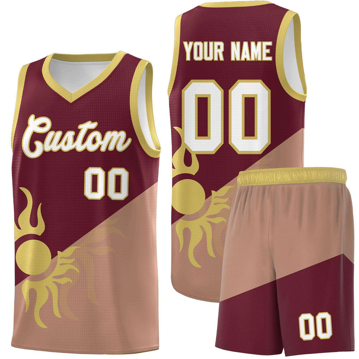 Custom Youth Basketball Jerseys - Maroon Coffee Radiant Sun Design Two Tone Uniforms