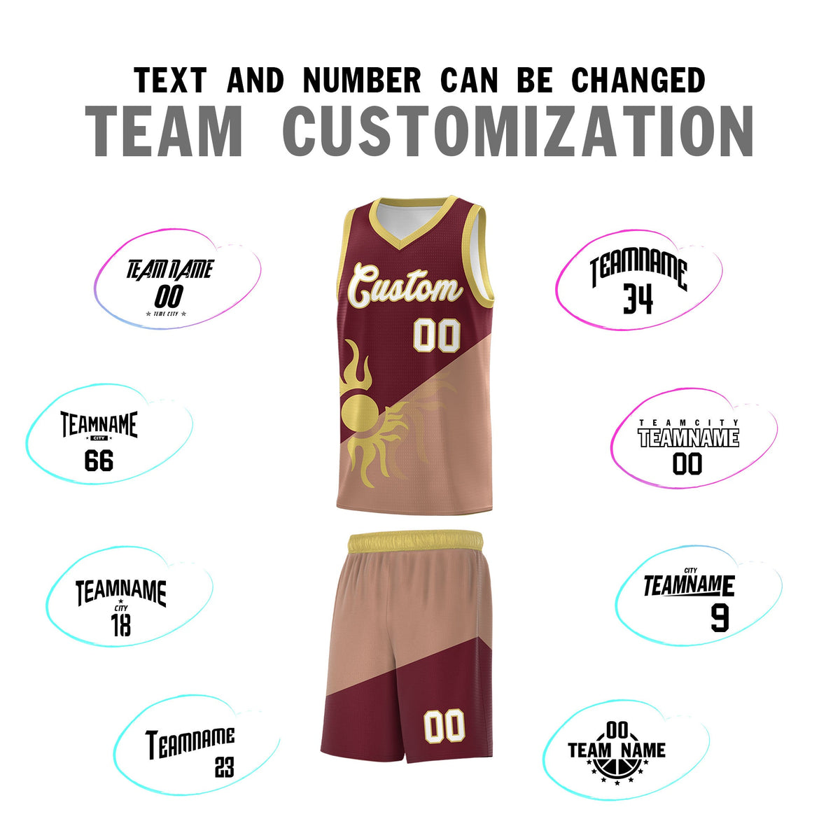 Custom Youth Basketball Jerseys - Maroon Coffee Radiant Sun Design Two Tone Uniforms