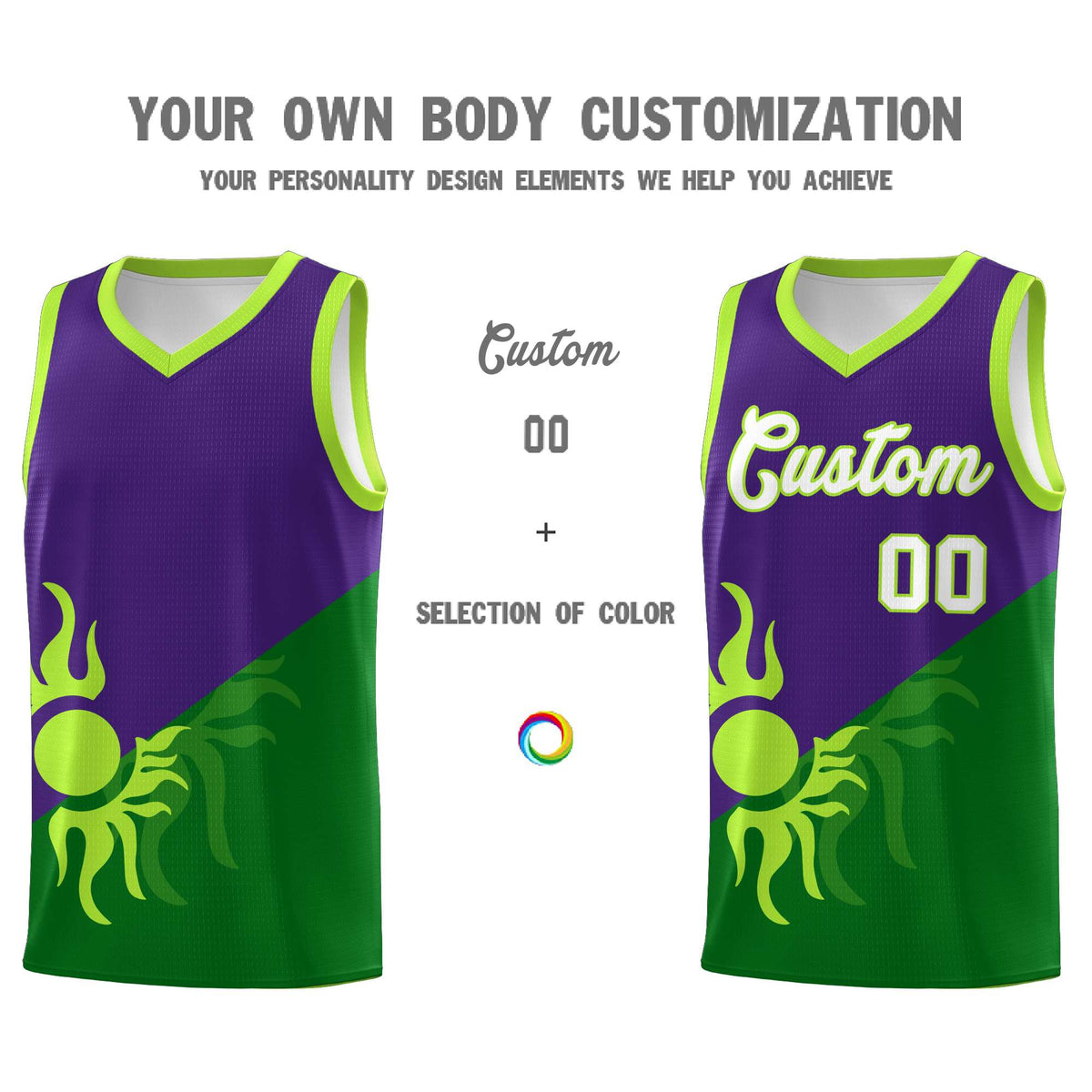 Custom Youth Basketball Jerseys - Purple Kelly Green Sunburst Design Two Tone Uniforms