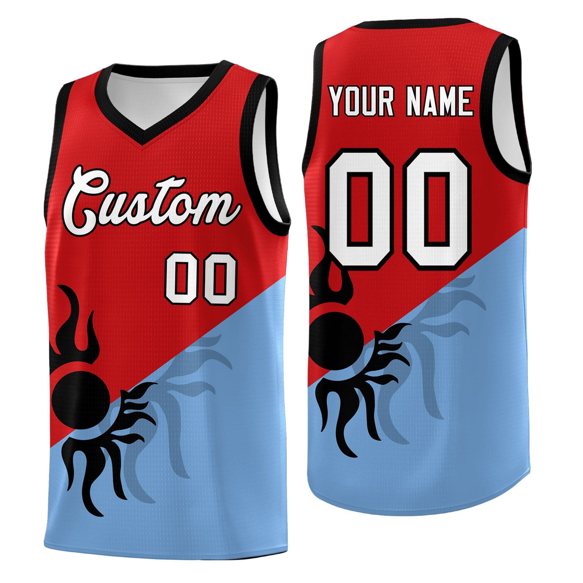 Custom Youth Basketball Jerseys - Red Powder Blue Radiant Sun Design Two Tone Uniforms