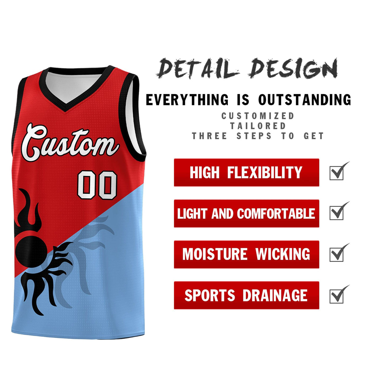 Custom Youth Basketball Jerseys - Red Powder Blue Radiant Sun Design Two Tone Uniforms
