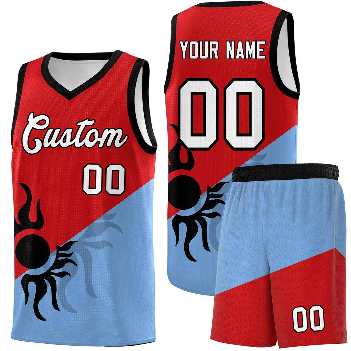 Custom Youth Basketball Jerseys - Red Powder Blue Radiant Sun Design Two Tone Uniforms