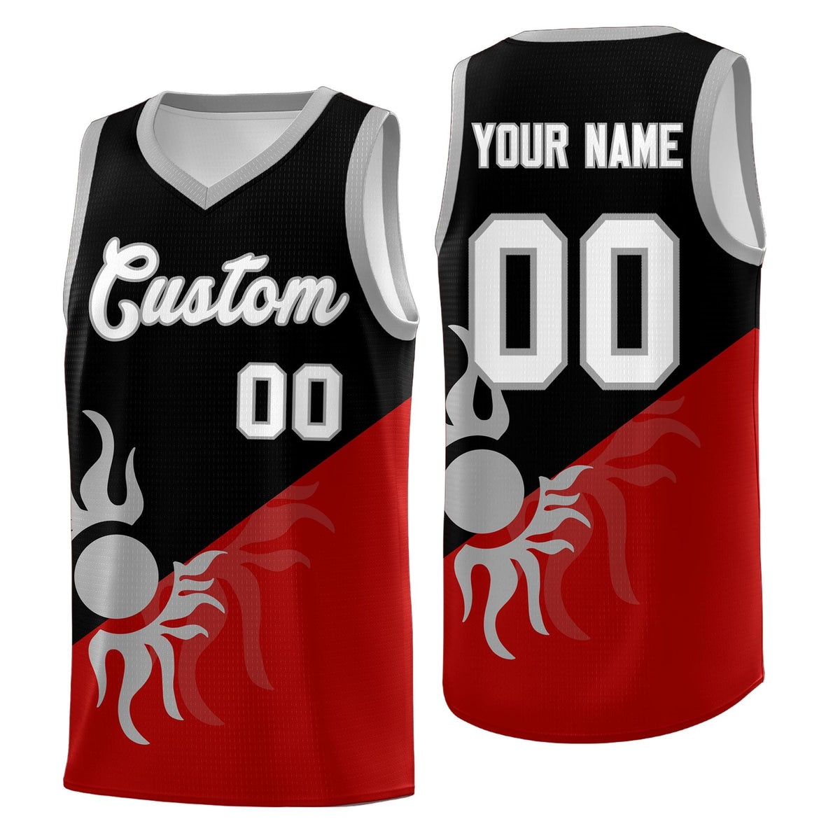 Custom Youth Basketball Jerseys - Black Red Sunburst Design Two Tone Uniforms