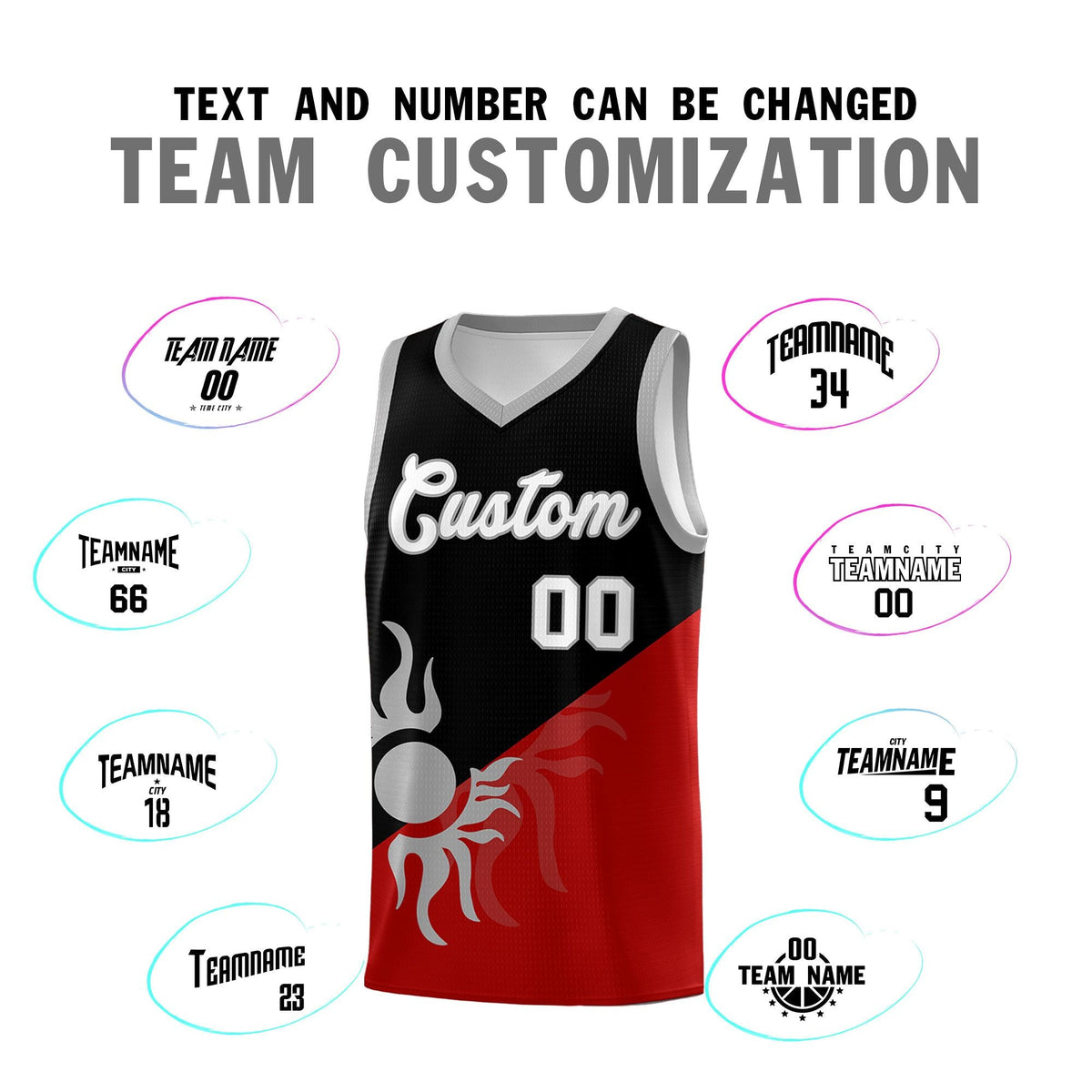 Custom Youth Basketball Jerseys - Black Red Sunburst Design Two Tone Uniforms