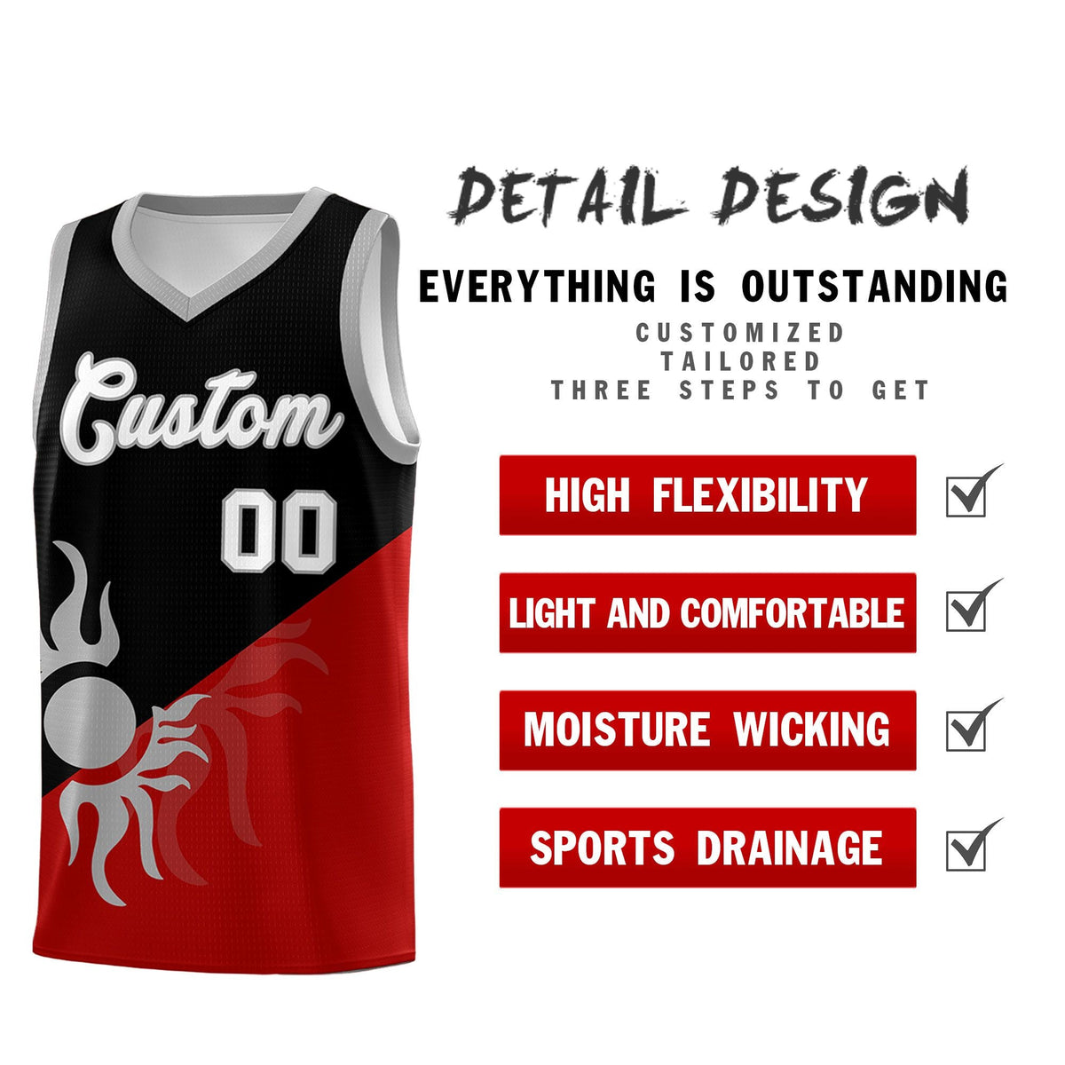 Custom Youth Basketball Jerseys - Black Red Sunburst Design Two Tone Uniforms