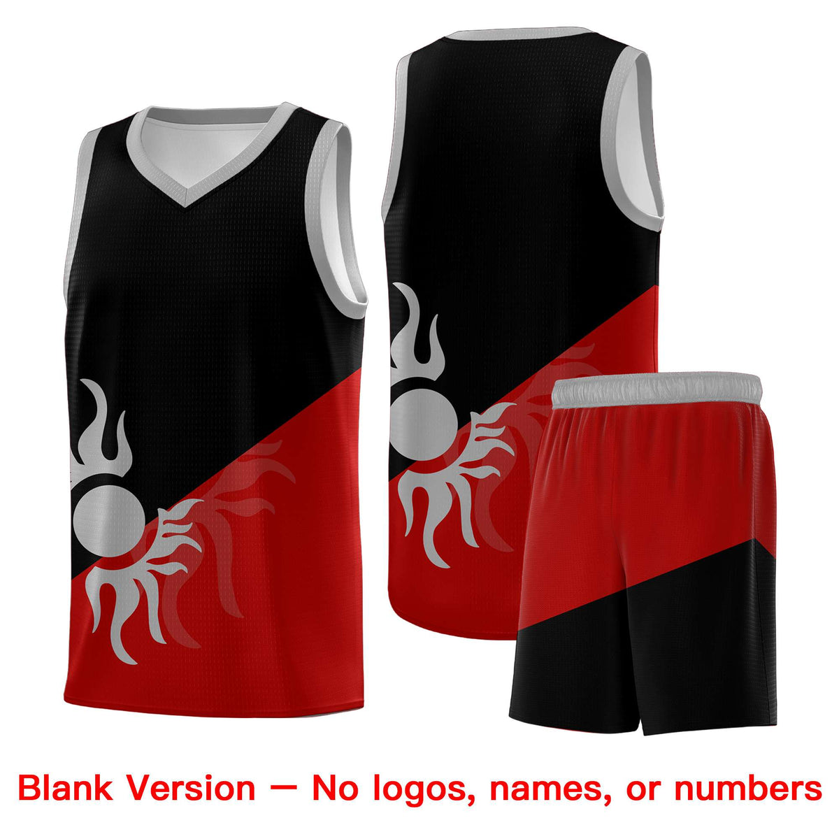 Custom Youth Basketball Jerseys - Black Red Sunburst Design Two Tone Uniforms