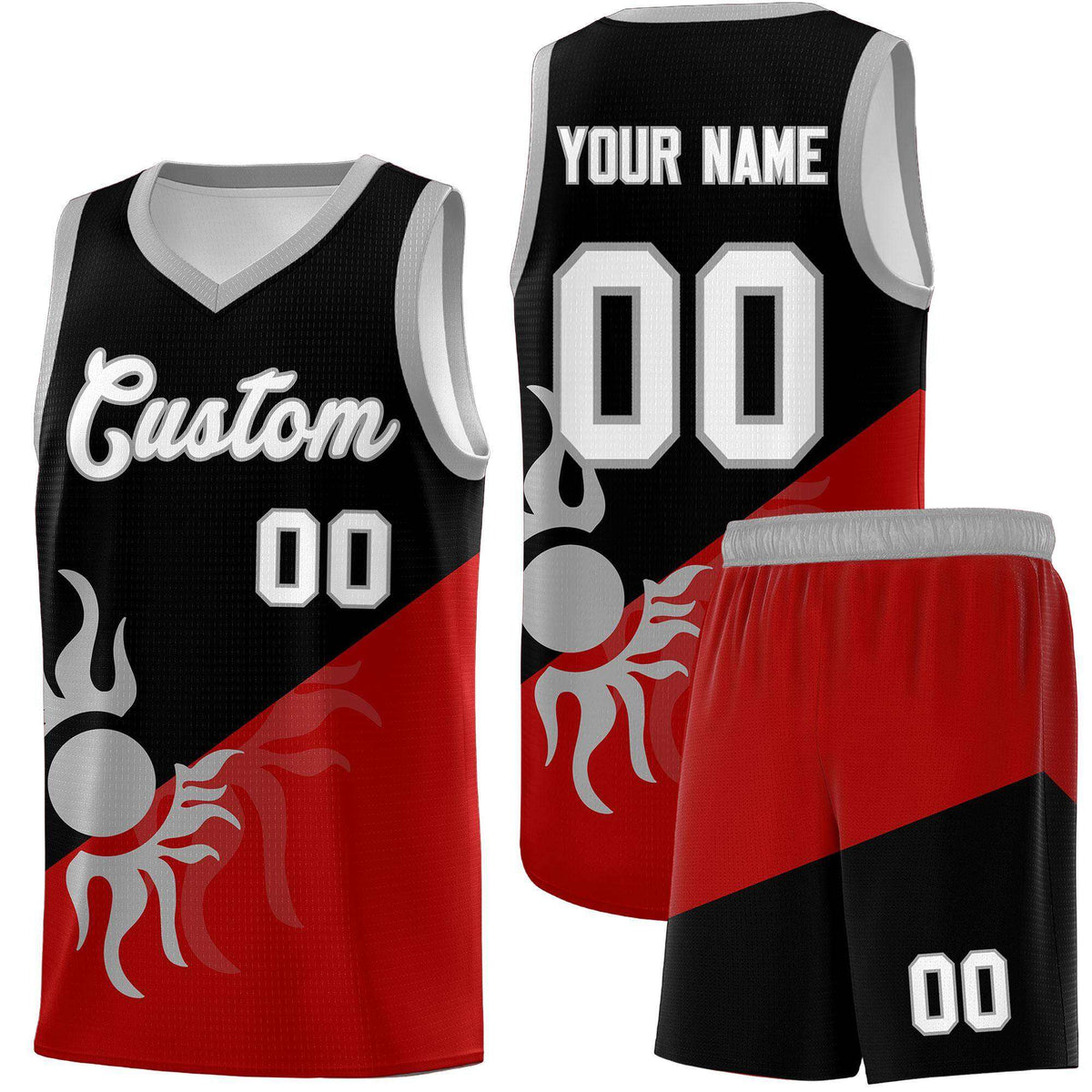 Custom Youth Basketball Jerseys - Black Red Sunburst Design Two Tone Uniforms