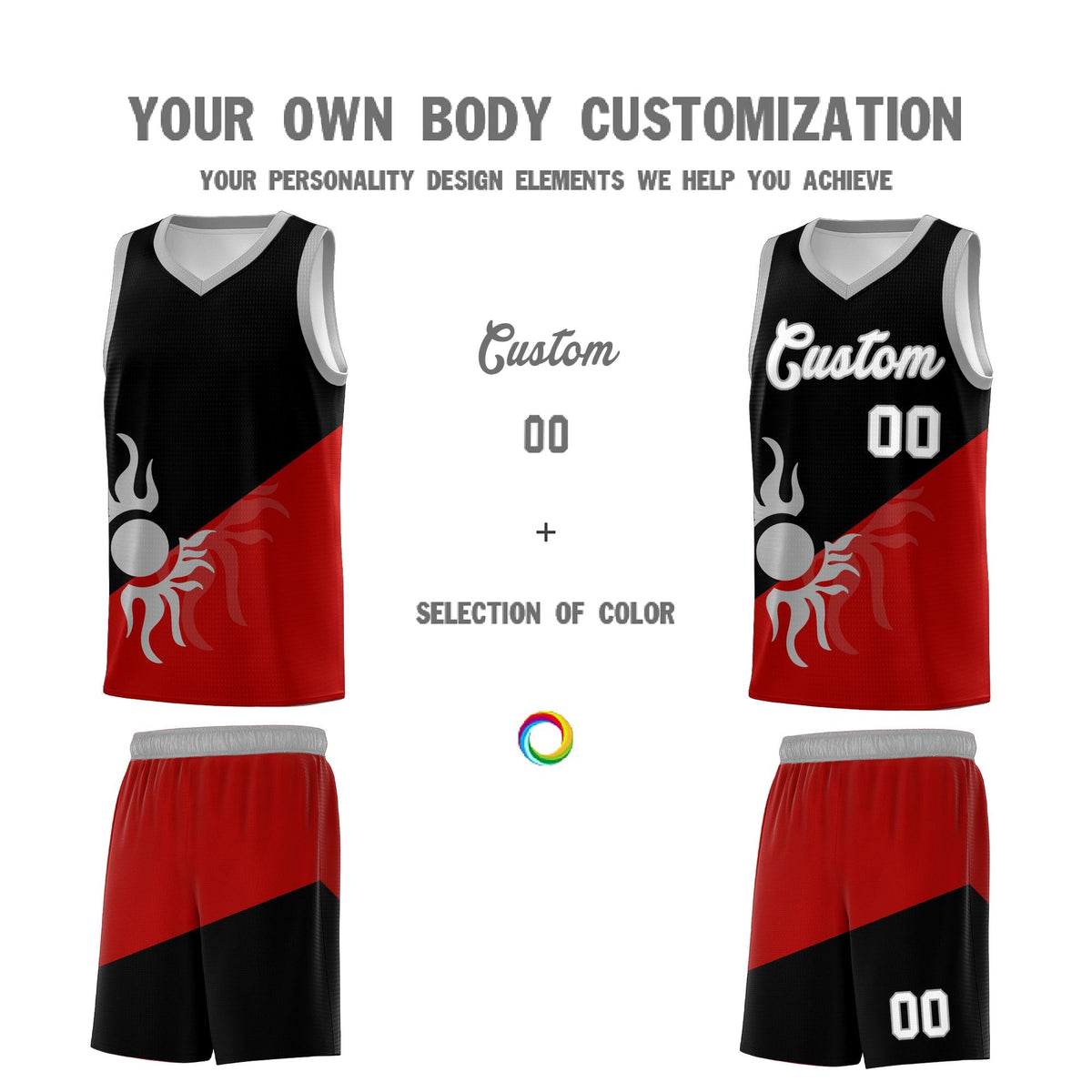 Custom Youth Basketball Jerseys - Black Red Sunburst Design Two Tone Uniforms