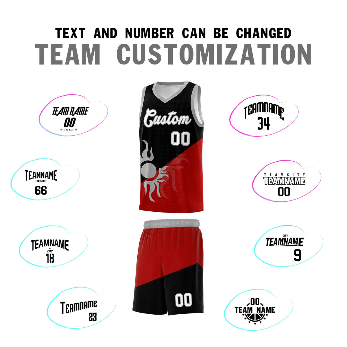 Custom Youth Basketball Jerseys - Black Red Sunburst Design Two Tone Uniforms